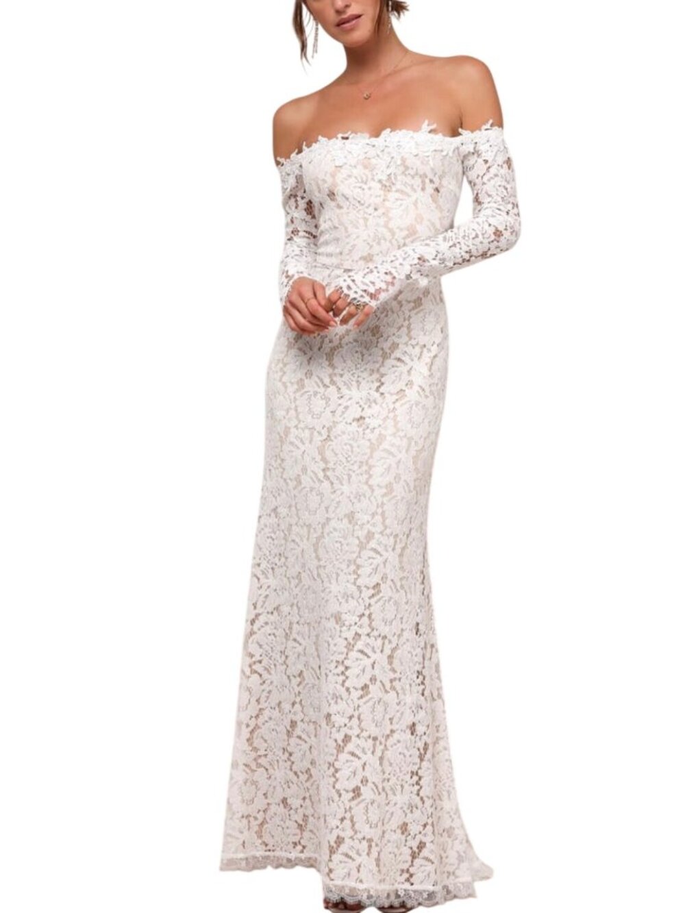 Lulus Romance Dreamer White Lace Off-the-Shoulder Maxi Wedding Dress Sz MED